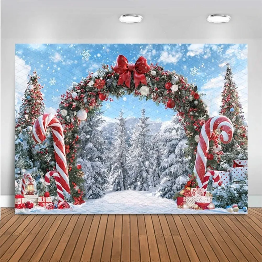 Winter Christmas Red Bow Candy Cane Theme Banner Background, Children's Birthday Party Decoration Photography Background Cloth