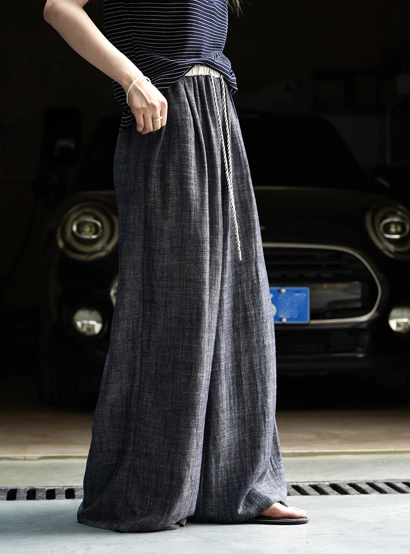 Woman classic black grey trousers with straps