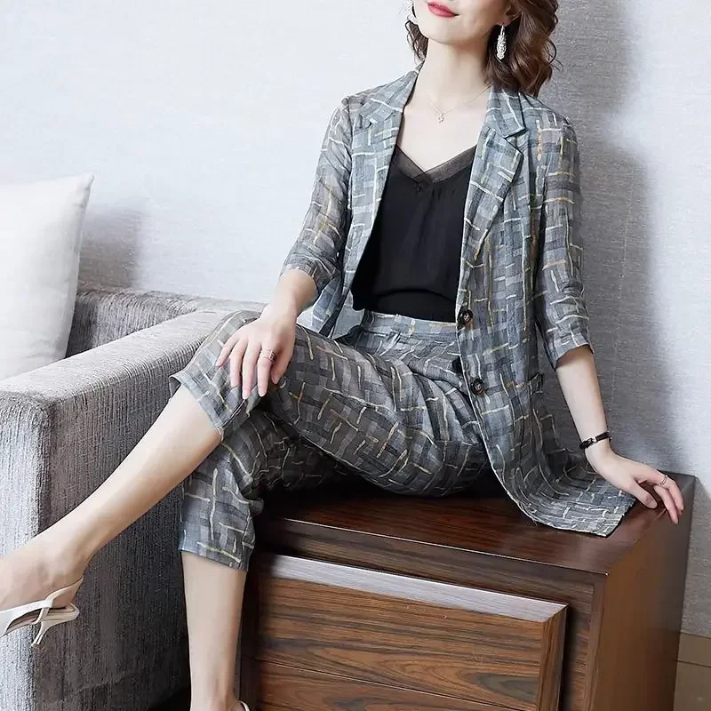 Women\'s Blazer and Pants Two Piece Set Business Spring Autumn Suits Ladies Trouser Lattice Formal Groups of Promotion Full Cheap