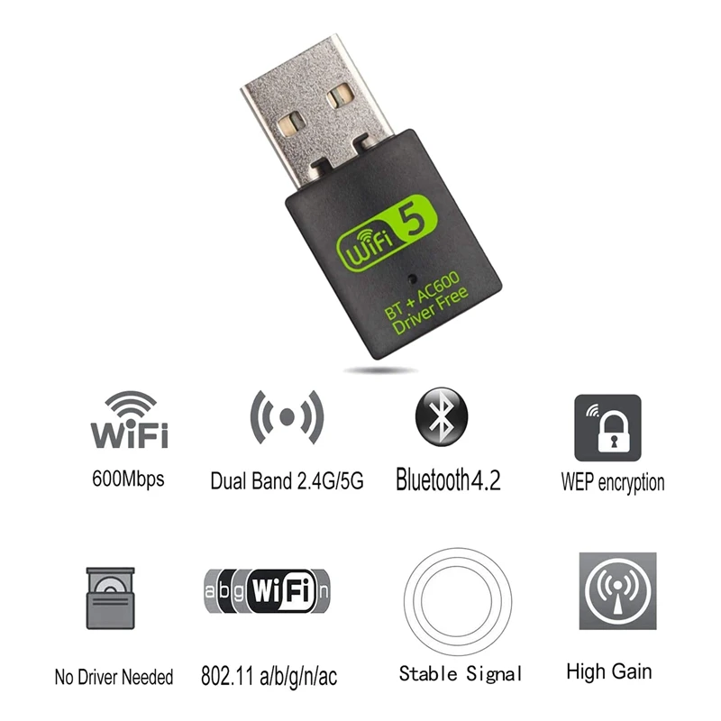 5X USB Wifi Bluetooth Adapter, 600Mbps Dual Band Wireless Network External Receiver,Wifi Dongle For PC/Laptop/Desktop