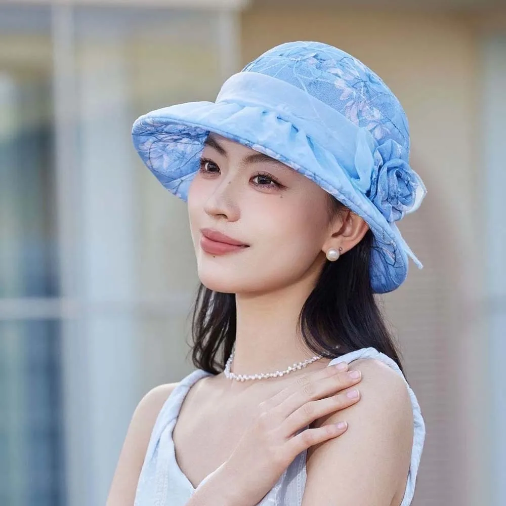Folding Floral Fisherman Hat Breathable Portable Thin Bow Sunshade Cap Polyester Lightweight Sunscreen Basin Hat Beach Vacation