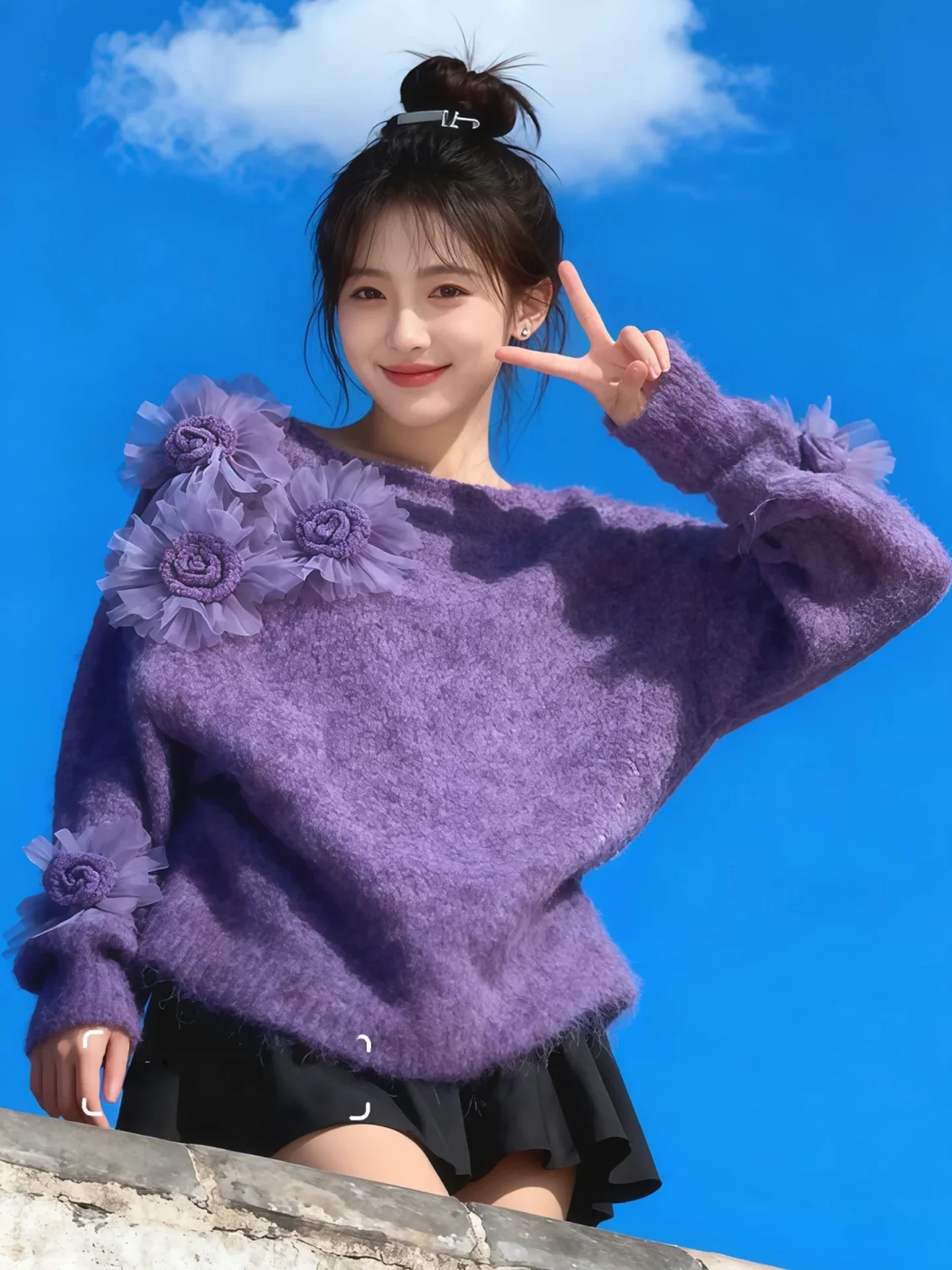 Lockerer Damen-Strickpullover, lila Blumen-Design, Winter-Fee, lässig, bequem, einzigartig, schönes Strickoberteil