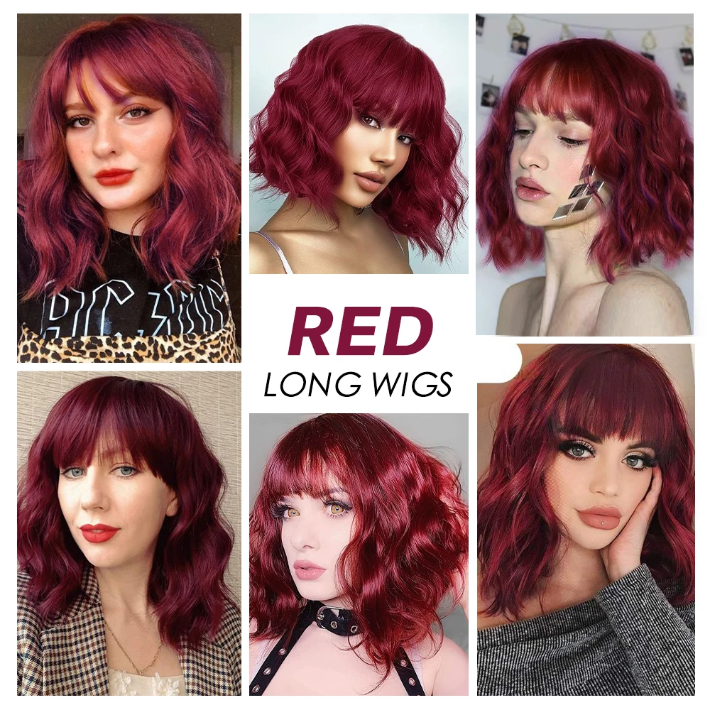 Short Burgundy Bob Synthetic Wigs Body Wave Hair with Bangs for Women Natural Looking Cosplay Party Heat Resistant Fiber Wigs