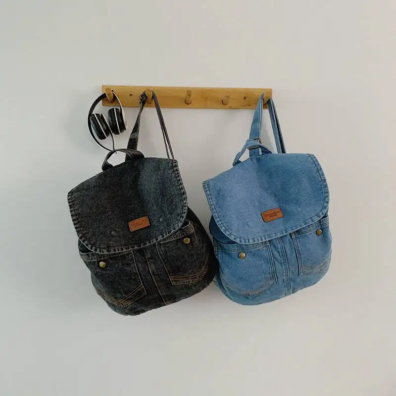 جديد ريترو الدنيم حقيبة الظهر غطاء الوجه جان جيب الأجهزة النحاسية الجلود التسمية عادية اليومية المدرسة الحد الأدنى حقيبة الظهر الموضة