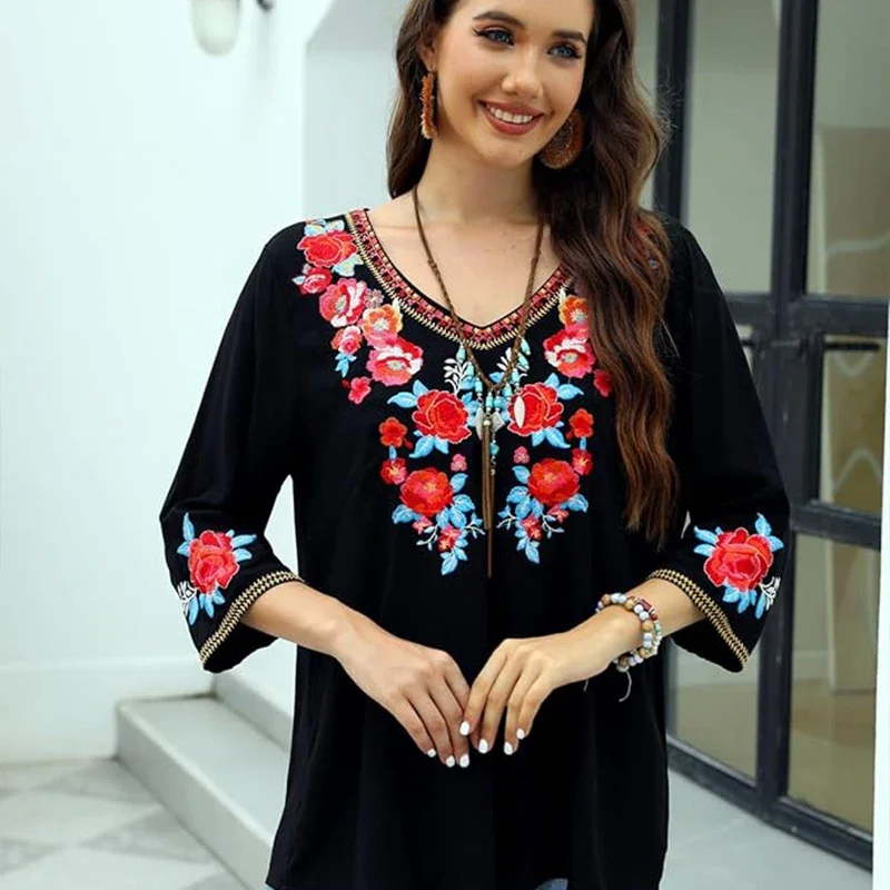 

Eaeovni Embroidered Tops for Women 3/4 Sleeve Peasant Blouse Mexican Shirts V Neck Traditional Tunic Casual Tops