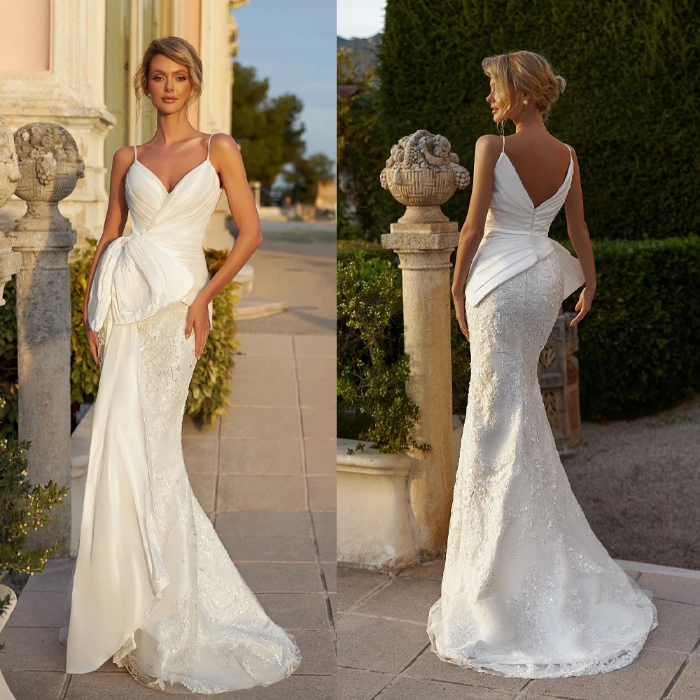 Customized Mermaid Wedding Gowns Sexy Spaghetti Strap Lace Appliques Beaded Sequins Bridal Dress Big Bow Formal Bride Dresses
