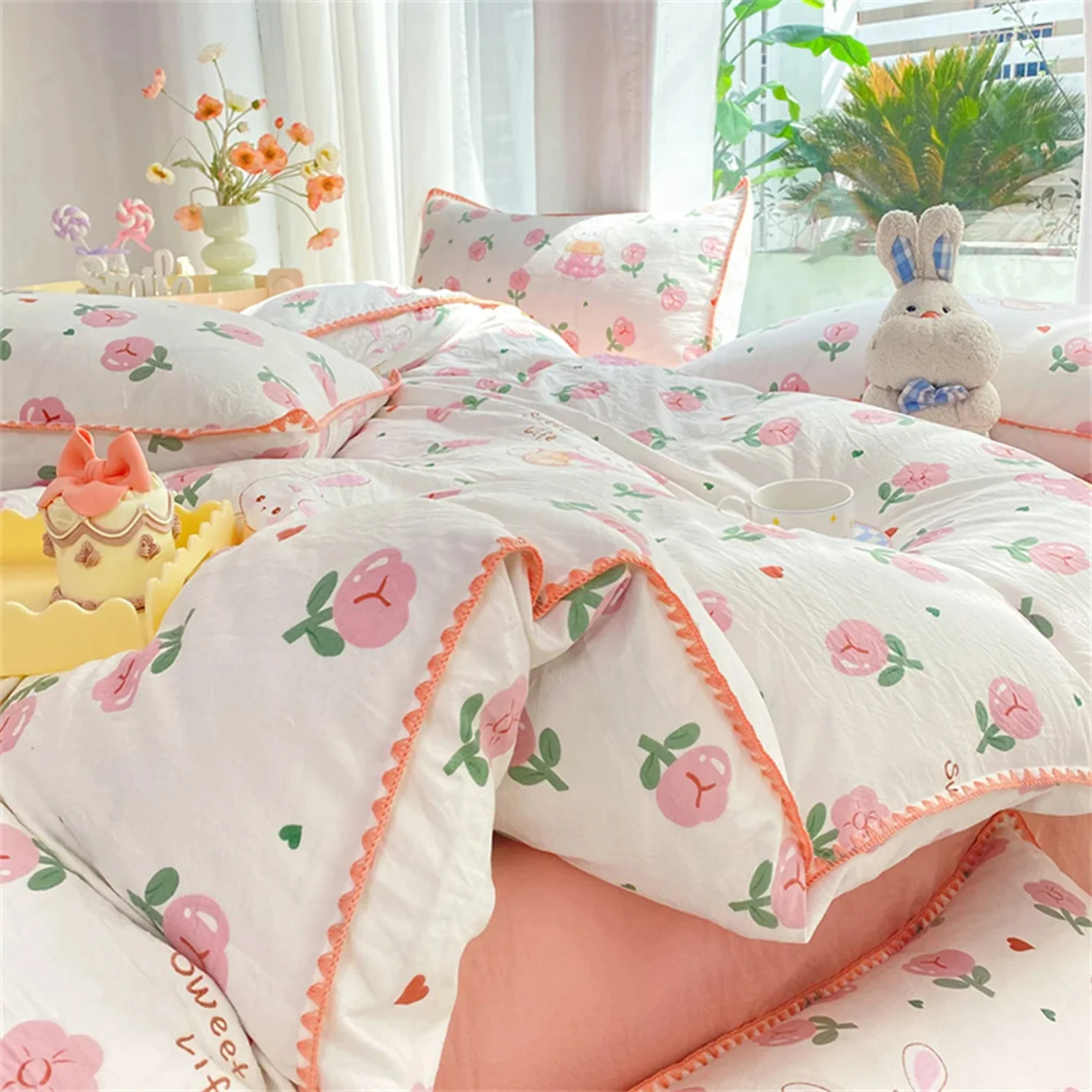 

Ins Pink Flowers Rabbit Comforter Bedding Set Soft Washed Cotton Bed Sheet Girls Quilt Cover Pillowcase Bed Linens