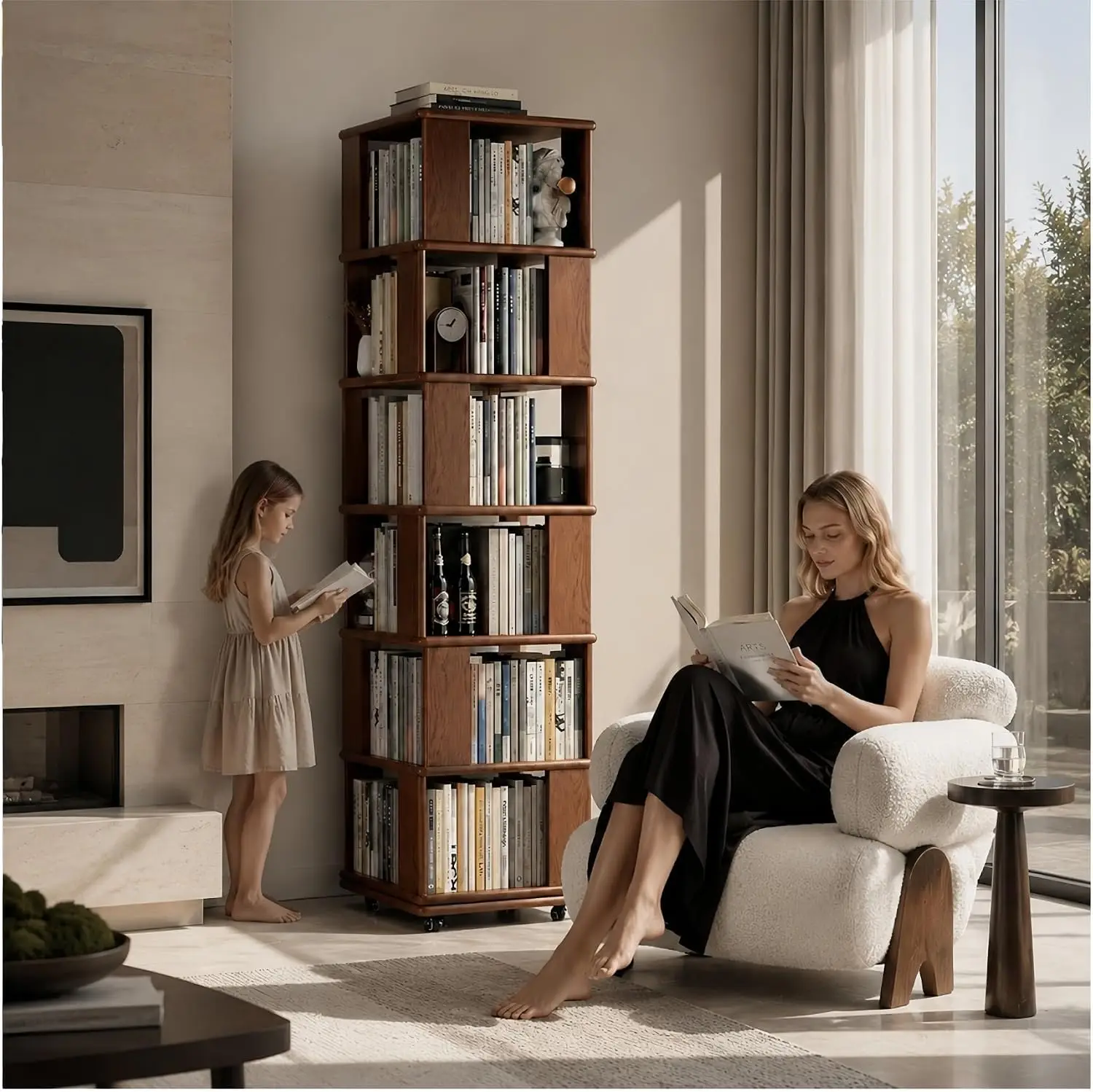 Solid wood Square Rotating Bookshelf Tower with Wheels, Standing Revolving Bookcase Storage Rack, Revolving 360 Book Shelf tall