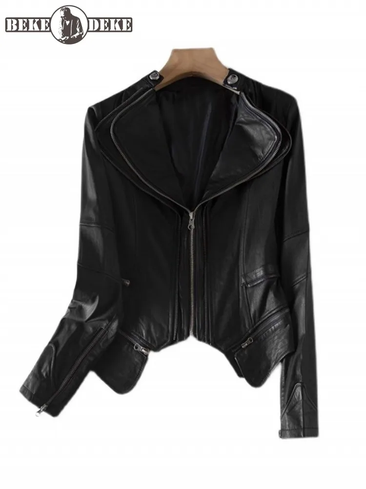 Punk Women Genuine Leather Jacket Slim Fit Zipper Turn-Down Collar Motorcycle Short Coat Spring Autumn Female Sheepskin Jackets