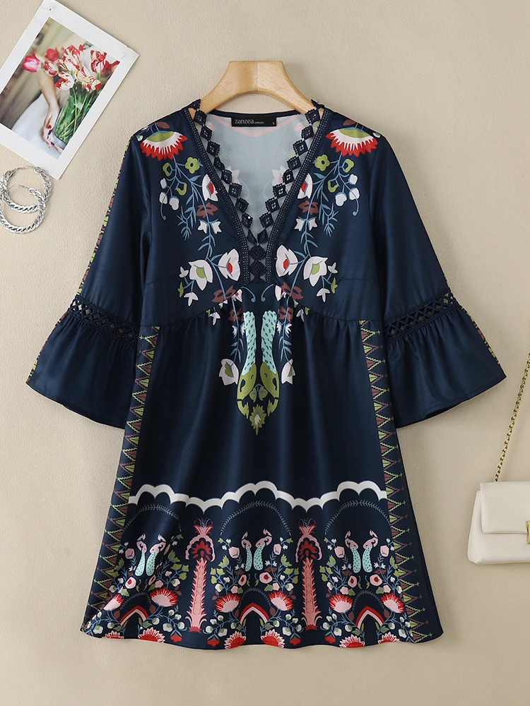 ZANZEA Autumn Bohemian Holiday Dress Women V Neck Flare Sleeve Sleeve Printed Sundress Fashion Lace Crochet Party Vestidos 2024 image 3
