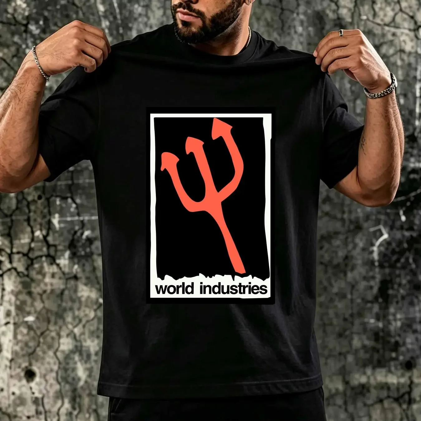 washed T Shirt World Industries Skateboarding Pitchfork Logo Olive Green Size Medium long or short sleeves vintage Washed