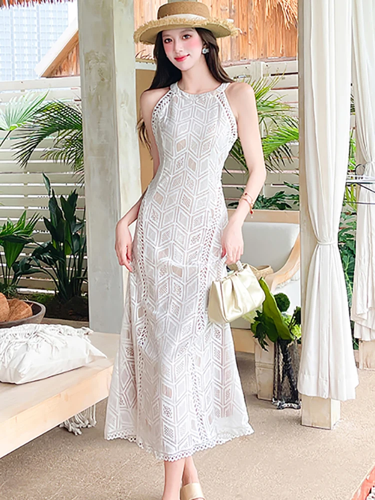 

Women Korean Fashion Bodycon Neck-mounted Long Dress Summer White Jacquard Hollow Dress 2025 New Elegant Boycon Festival Dresses
