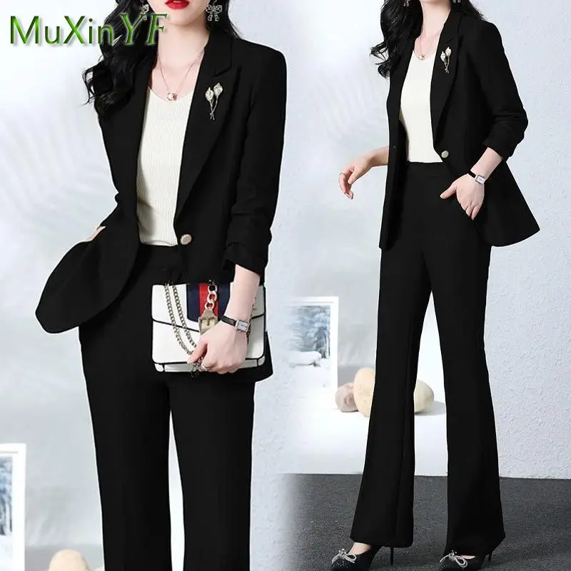 2022 Autumn New Fashion Suit Professional Wear Women\'s Korean Elegant Blazers Blouse Jacket + High Waist Pants Two Piece Set