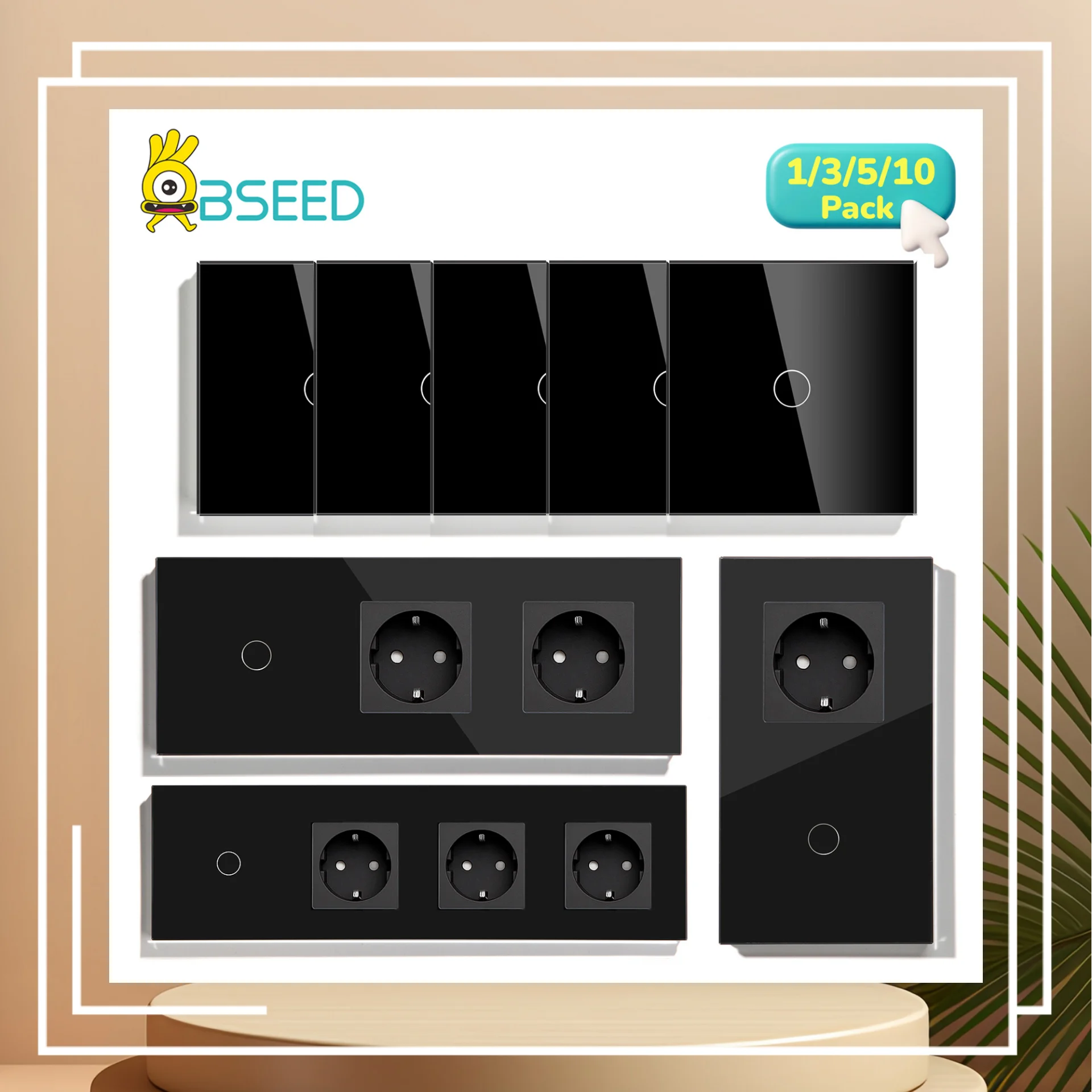 BSEED Touch Light Switch With EU Wall Sockets Black Wall Led Switches 1Gang 1Way Crystal Dark Blue Backlight Wall Switches Home