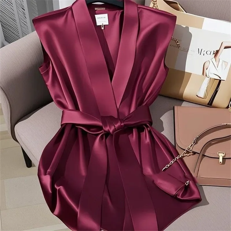 

French Satin Blouses Office Lady Spring Autumn Wine Red Sleeveles Shirt Women Niche Design Lace-up Tops Fashion 646P