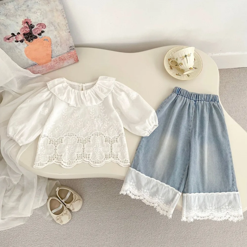

Осенний комплект одежды для девочек 2023 года, От 0 до 5 лет, детская кружевная рубашка принцессы с длинными рукавами, топы + широкие джинсовые брюки, джинсы, одежда из 2 предметов