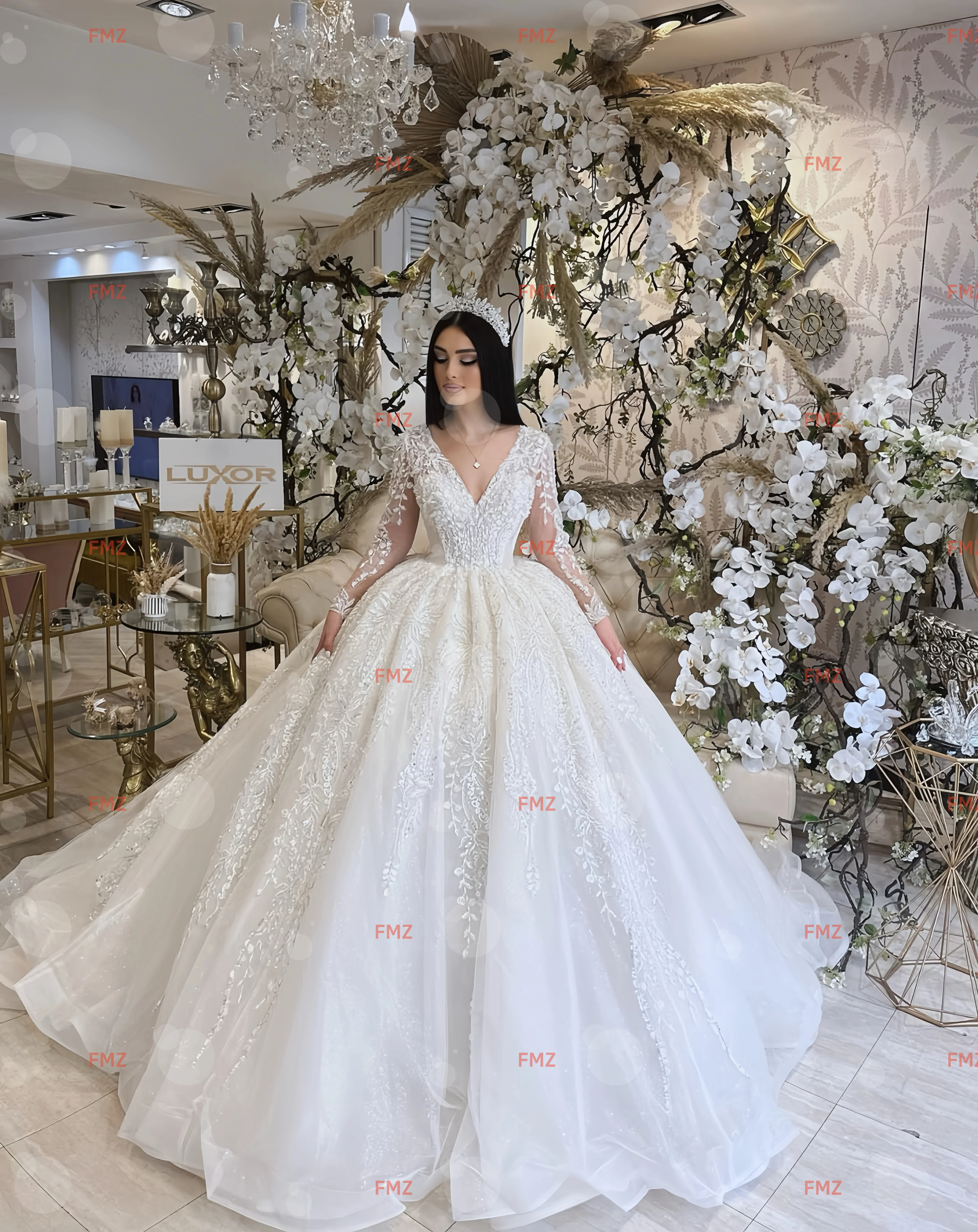 Customzied V-neck long-sleeved Ball Gown splendid wedding dress vestidos de novia amanda novias amanda novias official