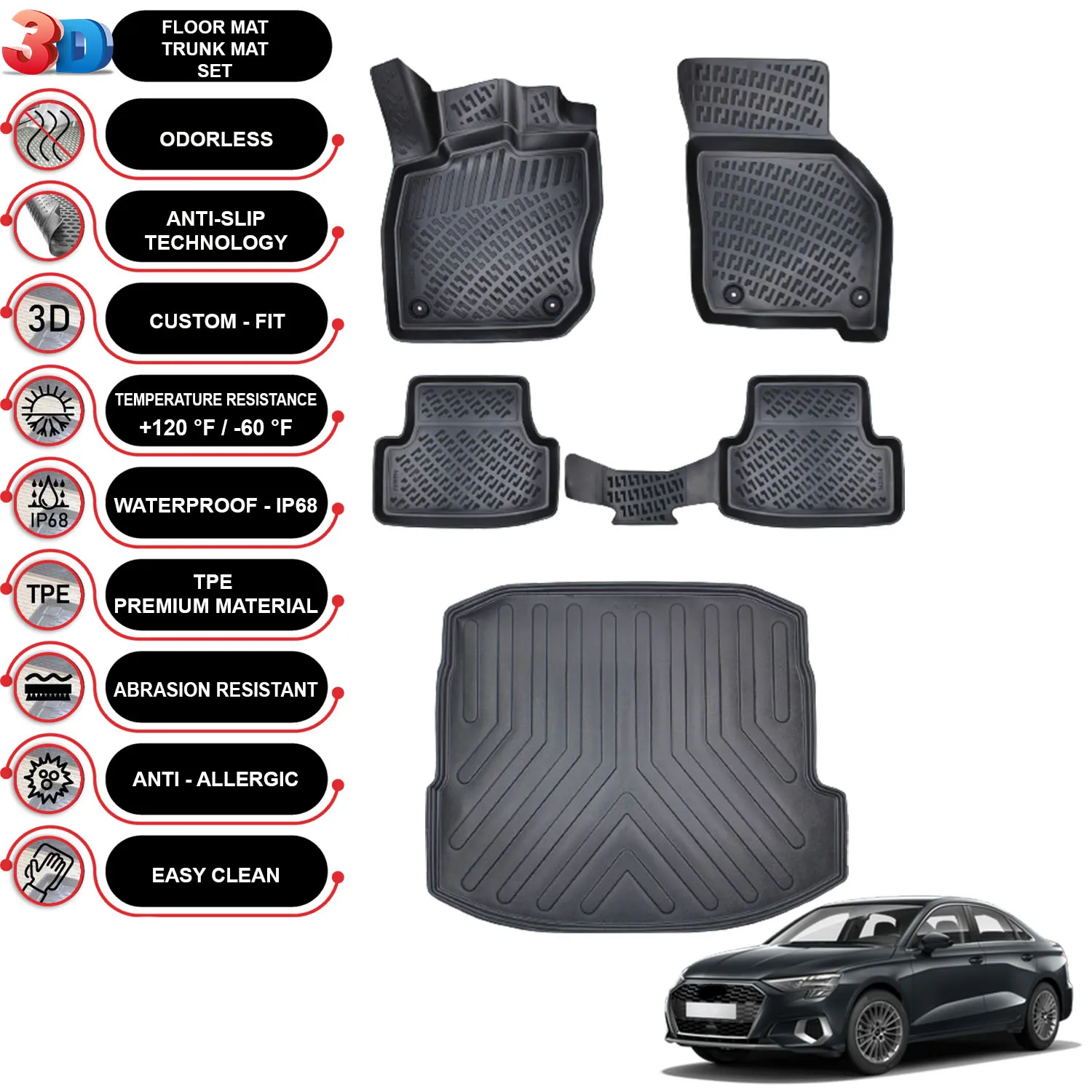 Audi A3 Sedan (2020-2023) - Floor Mats + Cargo Trunk Liner - SET - (Black)