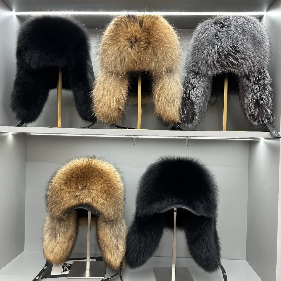 New 100% Genuine Fox Fur Ear-Protecting Hat Men Real Raccoon Fur Hat Women Winter Warm Fur Real Sheep Leather Snow Hat