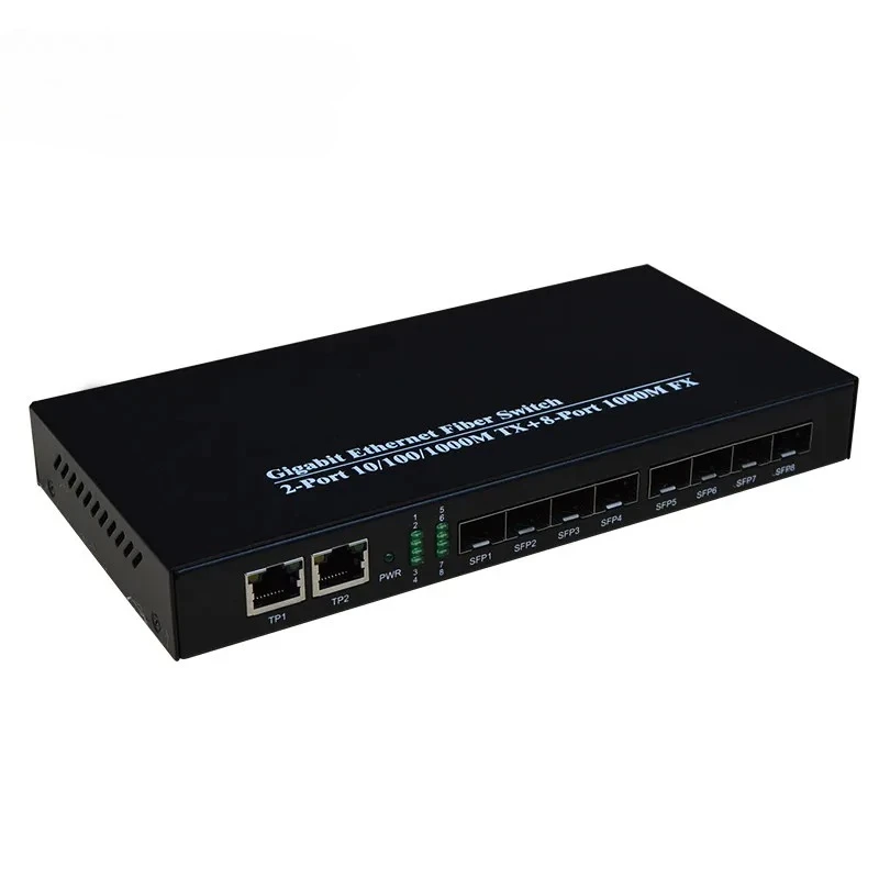 8 Port Gigabit Ethernet Switch 2RJ45+8SC Fiber Optical Media Converter 1000Base-TX to 1000Base-FX 20km Transmission