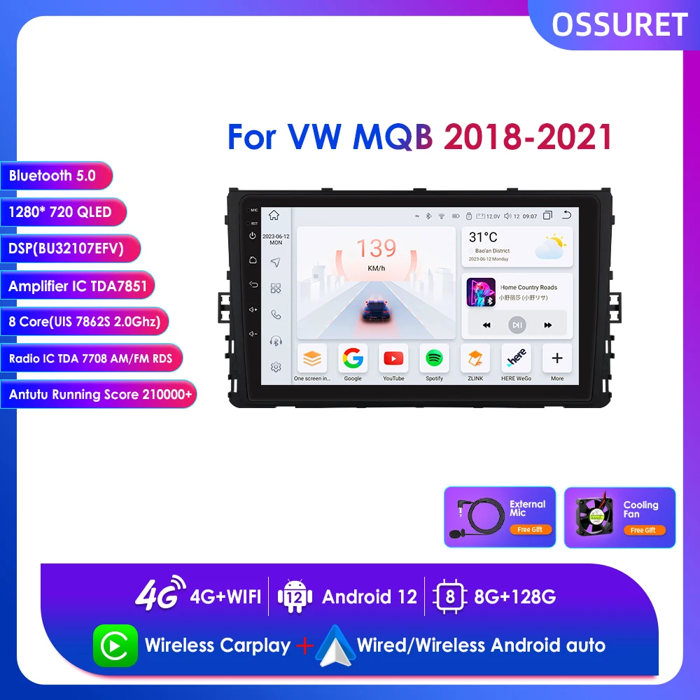 

9" Wireless Carplay for VW MQB Polo 2018 - 2021 Android Stereo Car Radio Multimedia Player GPS RDS BT Navi 4G RDS DSP 2 Din WIFI