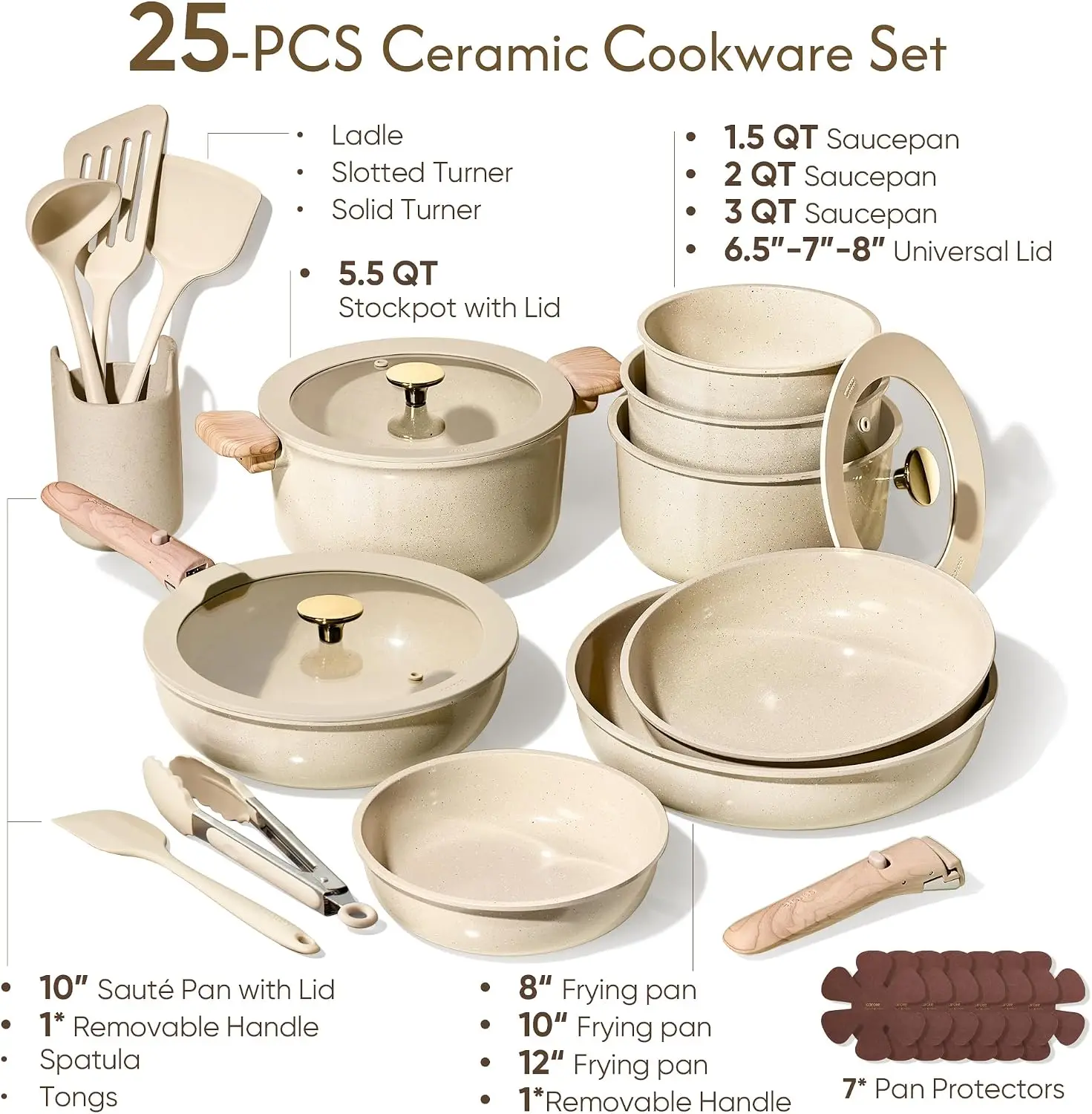 25Pcs Ceramic Cookware Set Pots Pans Detachable Handle