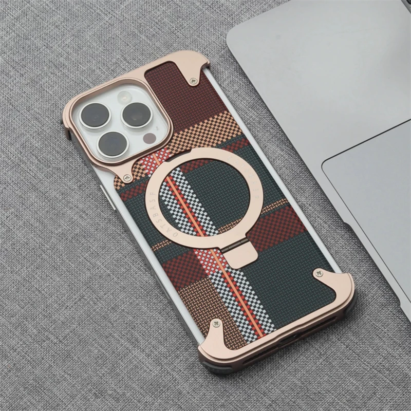 

For iPhone 16 Promax Aluminum Alloy Frameless Carbon Fiber Texture Magsafe Holder Phone Case Metal Frame Bumper For Apple 16Pro
