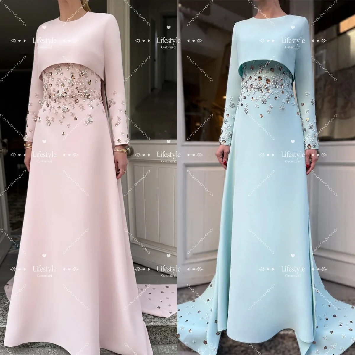 

Элегантные вечерние платья с круглым воротником и блестками, расшитые бисером, с длинным шлейфом, свадебное платье для выпускного вечера с длинными рукавами, вечернее платье