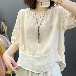 Women Summer Simplicity Elegant Loose Pleated Solid Color O-neck Short Sleeve Shirts Women Clothes Casual All-match Trend Tops