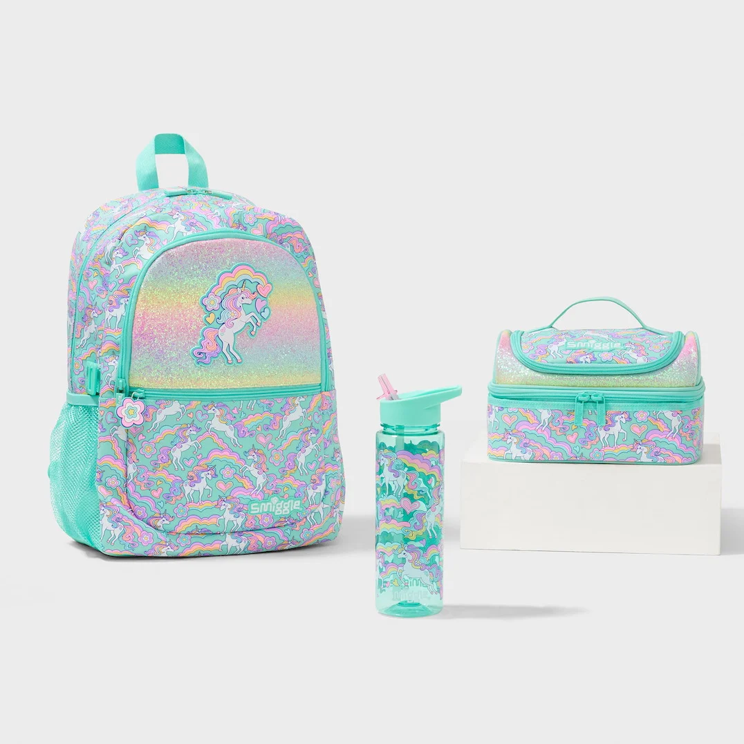 Austrália smiggle original venda quente mochila infantil verde arco-íris amor unicórnio mochila escolar de alta qualidade 16 polegadas