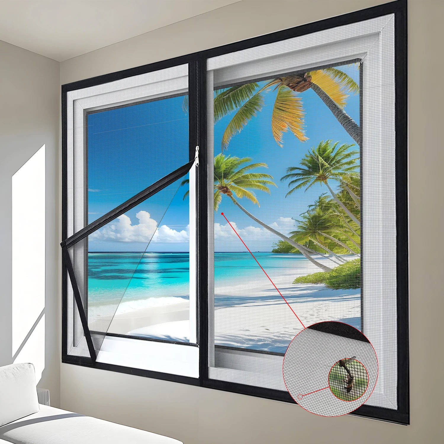 Image of Schwarzes mückensicheres Fenstergitter im Haushaltsstil mit Reißverschluss, nicht perforiertes Moskitonetz, Fenstergittervorhänge und Fensterzubehör.
