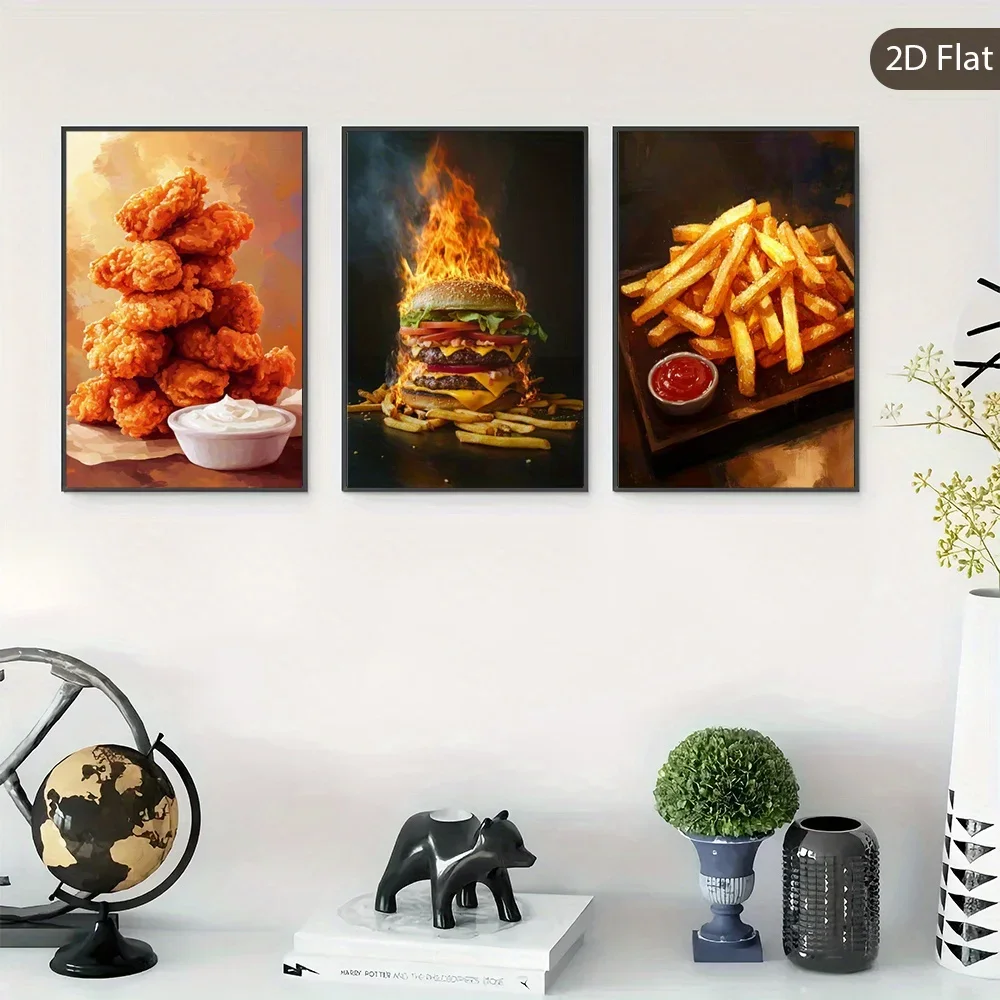 2D Flat, 3pcs Unframed Modern Wall Art, Dip Sketches Canvas Print, Juicy Burger Poster, Crispy Fries Art Prints, Crispy Nugge