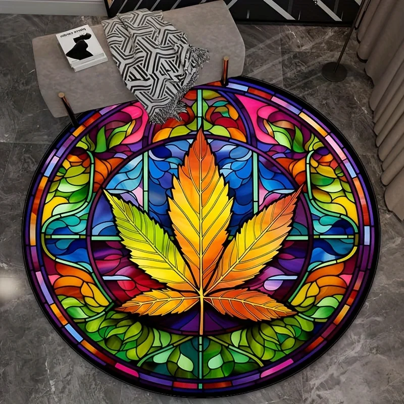 Colorful stained glass leaf round rug crystal velvet floor mat living room decor bohemian style art carpet home decoration