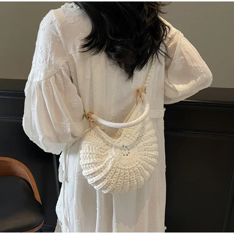 Conch Shell Knit Crochet Umhängetasche, Perlenkette, handgefertigte gewebte Damen-Umhängetasche, elegante, zarte, süße, kompakte Geldbörse – Detail 12