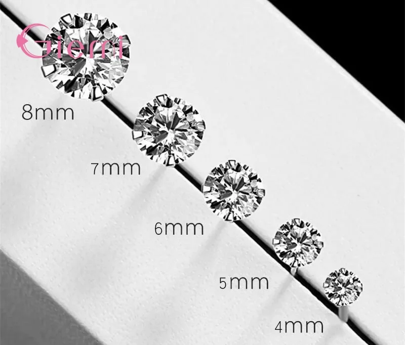 Original 925 Sterling Silver 4-8MM Round AAA Cubic Zircon Stud Earrings for Women Girls Fashion Party Jewelry Gifts Wholesale