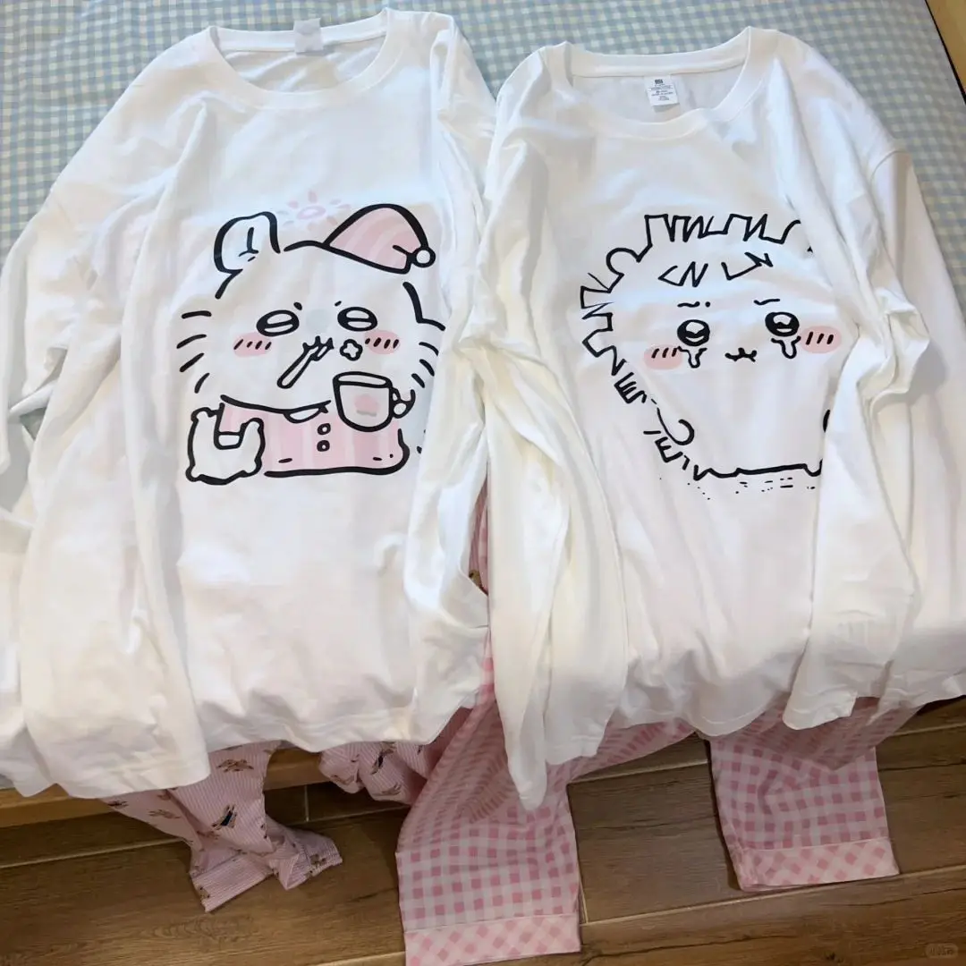 تي شيرت Jiikawa من القطن الخالص مطبوع بأكمام طويلة تي شيرت نسائي فضفاض عصري