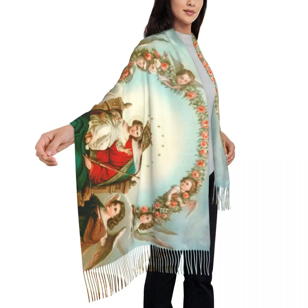 Custom Virgin Mary Scarf Women Men Fashion Winter Shawl Wraps Catholic Christian Tassel Wraps