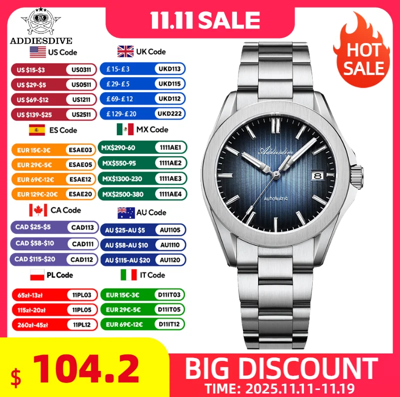 

ADDIESDIVE Men's Automatic Watch Waterproof 316L Stainless Steel Sapphire Glass Super Luminous Watch Luxury Mechanical Men Watch