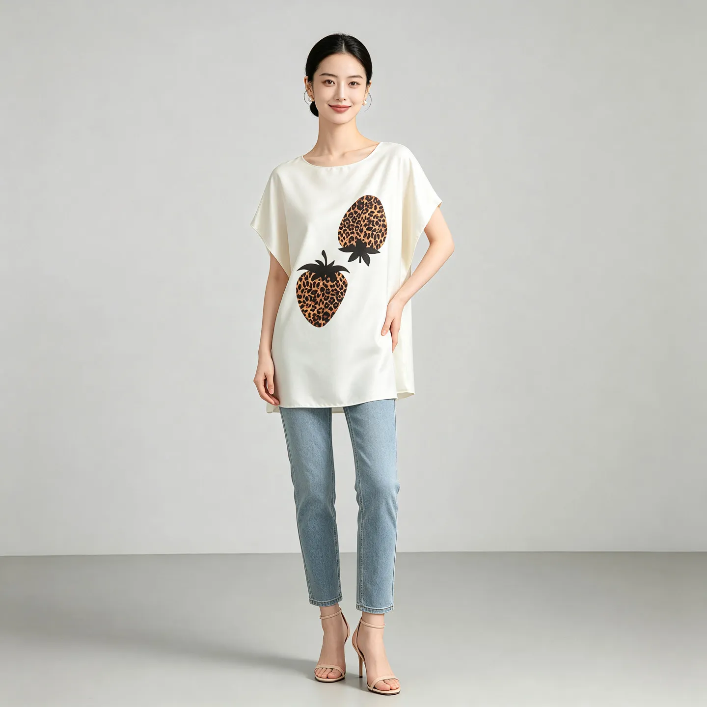 Winsleter-93%Silk 7%Spandex Elegant T-Shirt, Batwing Sleeve Print, Women Fashion Commute Loose Top, 2026 Summer New T67733CC