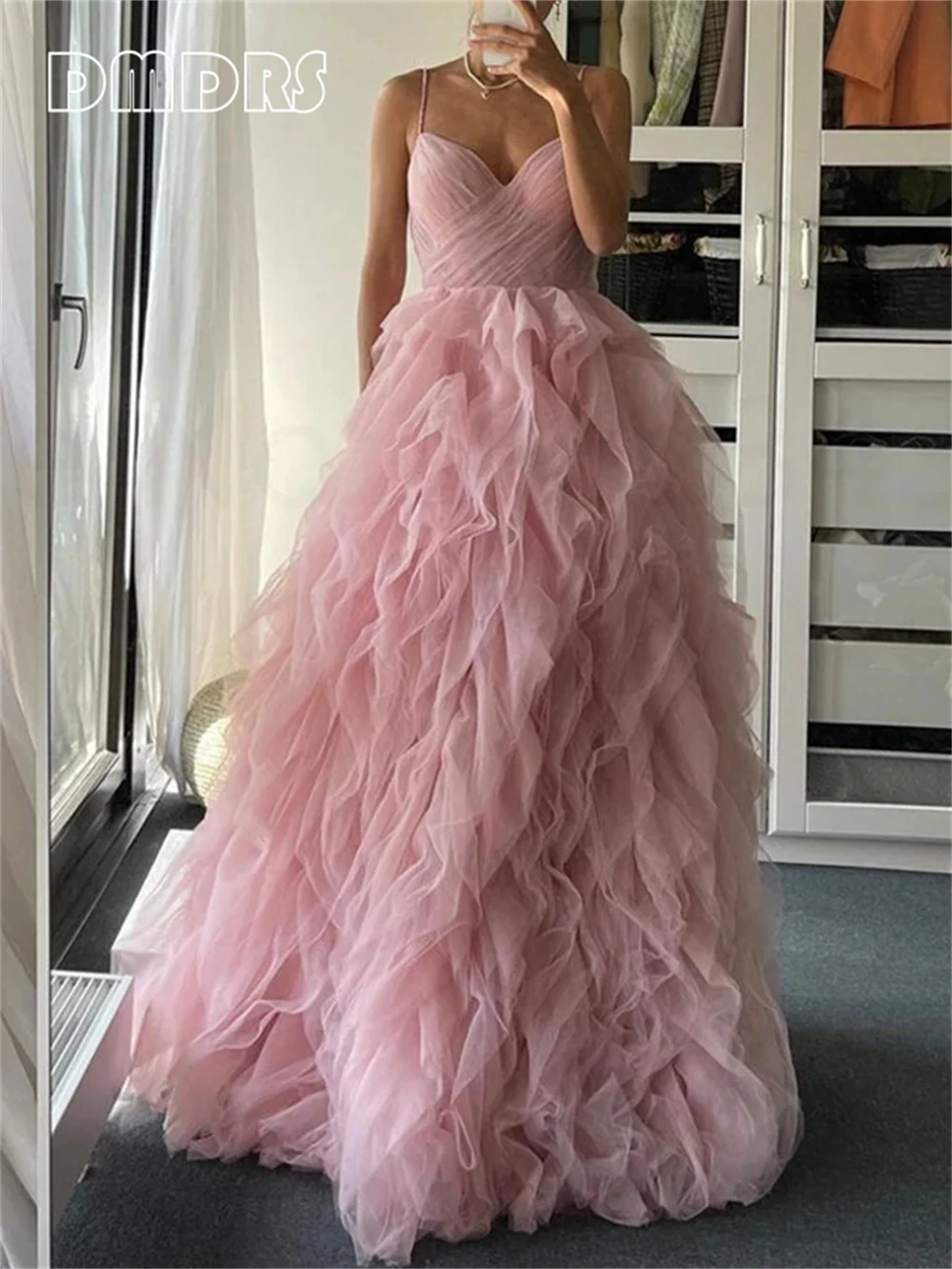 Pink Tulle Dress with Ruffles, Corset Prom Dress with Spaghetti Straps, Fit and Flare Dress, Homecoming Dress, Princess Bridal