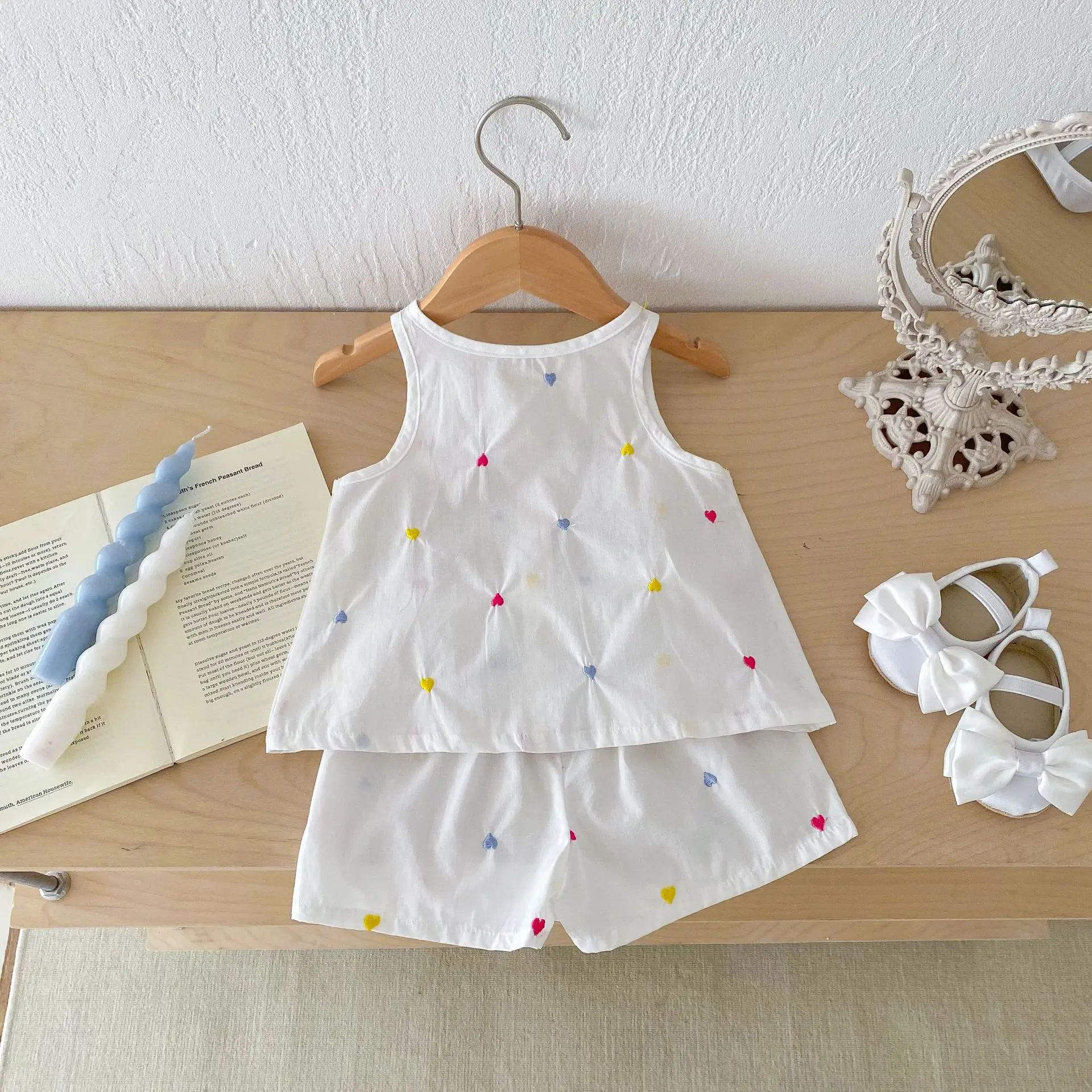 2psc Summer Newborn Infant Baby Girls Heart-Shaped Embroider Waistcoat+Shorts Muslin Sleeveless  Set Kids Fashion Baby Clothing