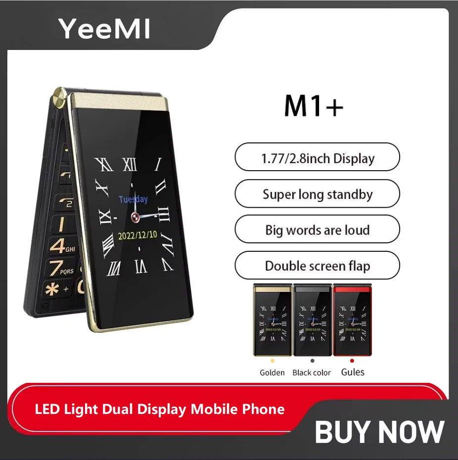 

Yeemi M1+ LED Light Dual Display Mobile Phone Global Version 4G Flip Mobile 2 SIM Cards CellPhone Big Keyboard Loud Voice 2G