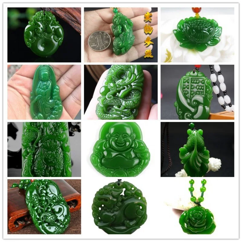 Hetian jade necklace pendant Spinach green jade carving jewelry men jade necklace pendant wealth field women amulet Vanves