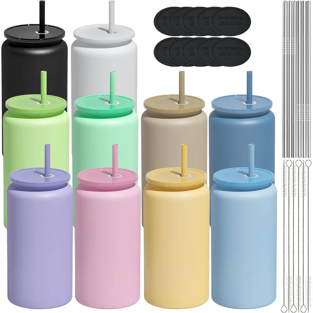 

10-Pack 16oz Matte Green Glass Cups with Lids and Straws, Ideal for Iced Coffee, Smoothies, and Everyday Drinking