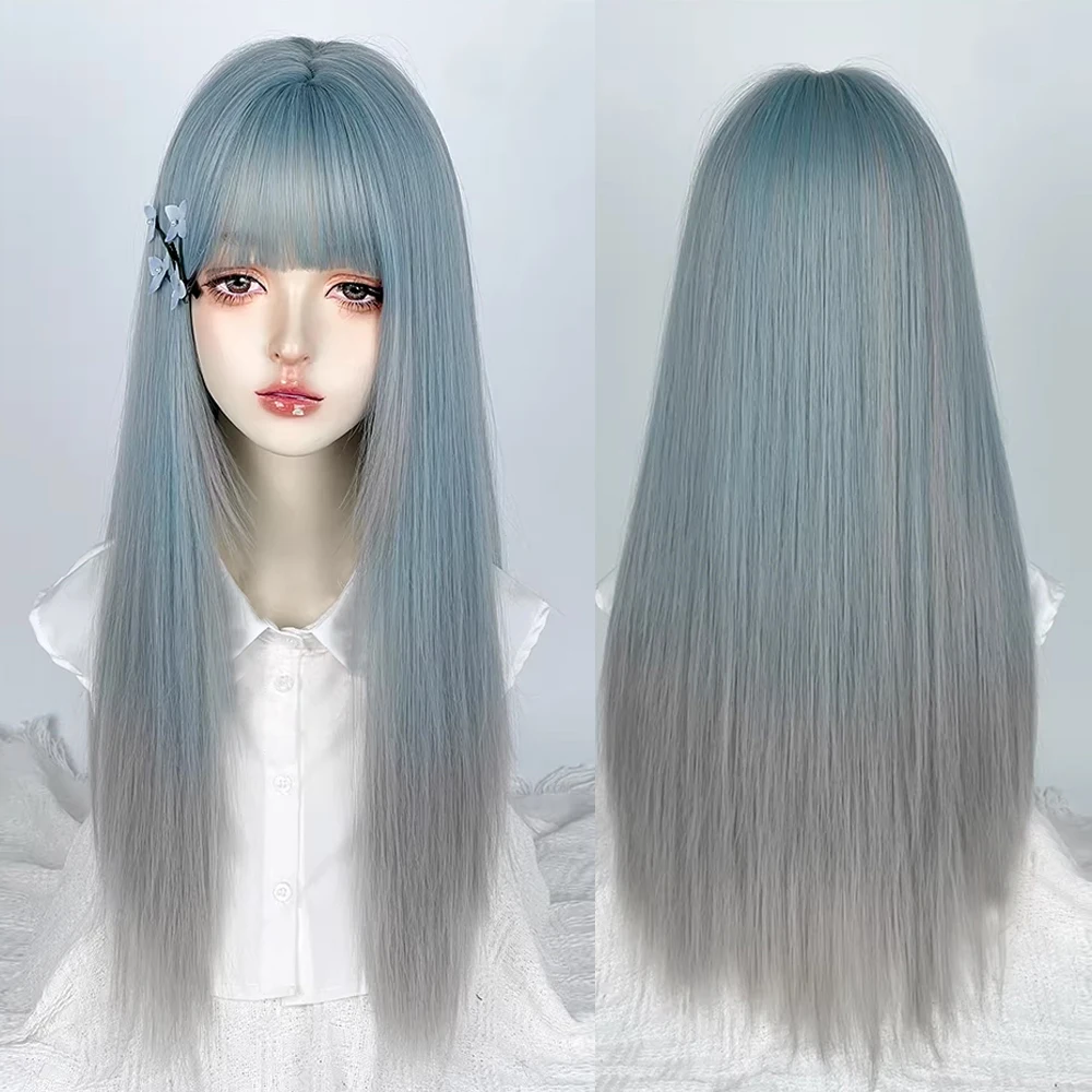 

Длинный прямой синтетический парик с синим омбре и серыми прядями, с челкой, для косплея Лолиты, пышный, термостойкий, для повседневного использования и вечеринок