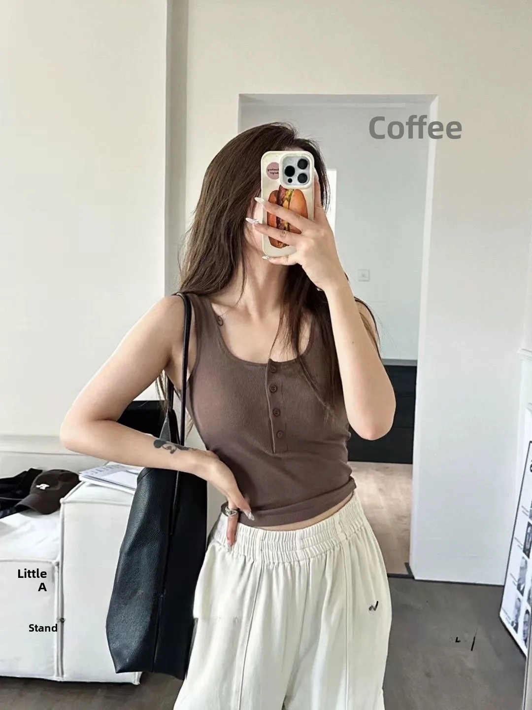 Slim Fit Button up Tank Top Women's New Style Fixed Integrated Cup Exterior Wear Threaded Strap Inner Match Upper Apparel