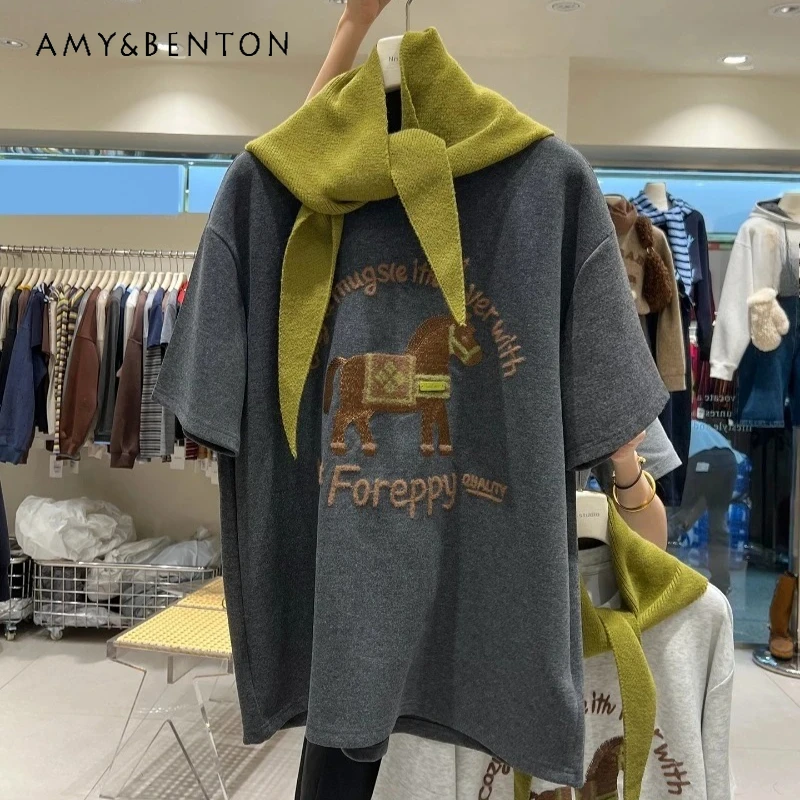 秋の厚手起毛コットンオーバーサイズY2K Tシャツヘビーインダストリー刺繍ルーズロングハーフスリーブボトムシャツレディース