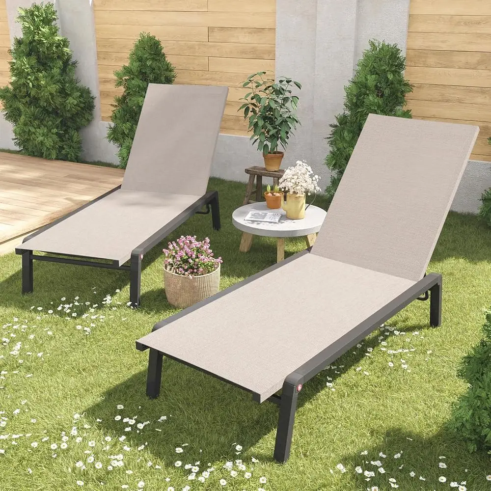 طقم صالة تشيس ألومنيوم خارجي مكون من قطعتين مع مساند ظهر قابلة للتعديل، قابل للطي لجانب حمام السباحة أو حمامات الشمس، بيج #2