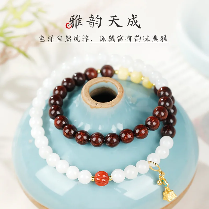 Natural Hetian White Jade & Sandalwood Double-layer Stackable Bracelet: Women's New Year/Girlfriend Gift