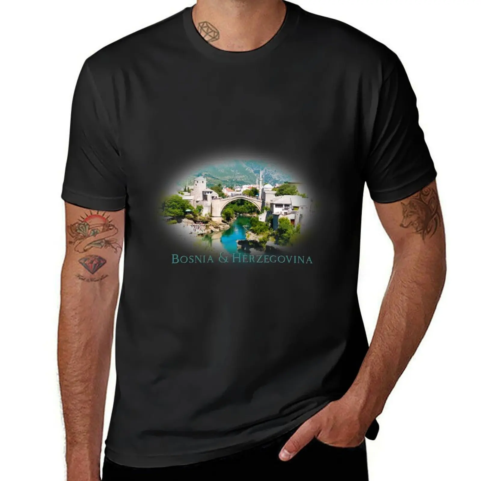 Bosnia and Herzegovina: Mostar Bridge T-Shirt anime Blouse plain black t shirts men